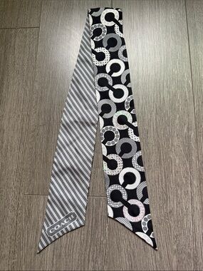 Coach 100% Silk Skinny Scarf Tie Textured Signature C Monogram Black Grey Silver